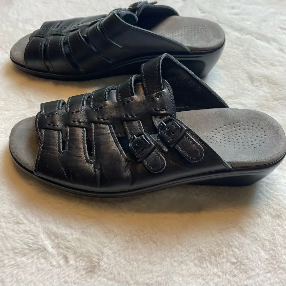 SAS Tripod Comfort Black Leather Slip On Sandals Size 10 N